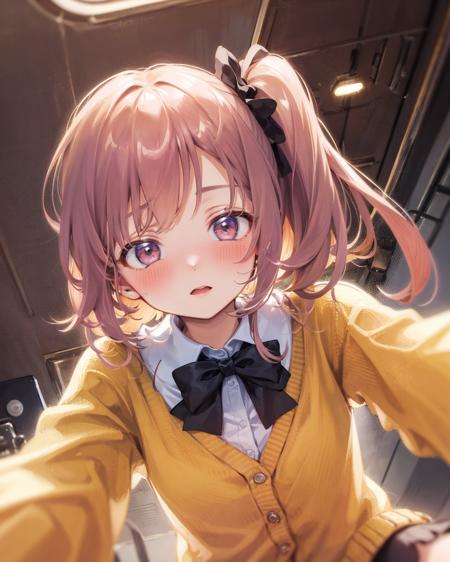 49373-7116409-1girl,solo,blush,pov,from below,  ,closed mouth,  side ponytail, red_bow,(yellow cardigan).png